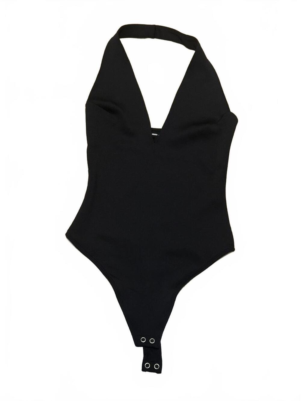 Good American V Neckline Black Halter Bodysuit with Snap Closure | Size S